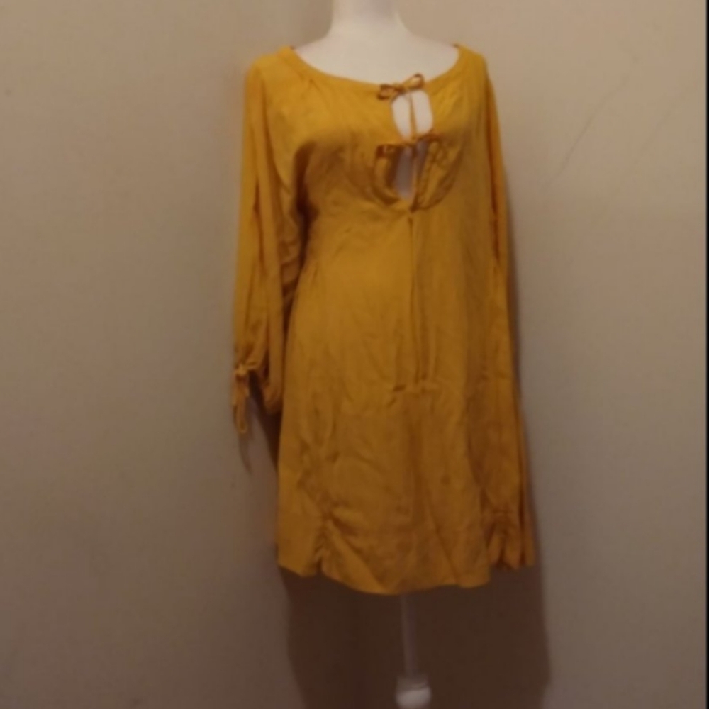 Free People Womens Mustard Yellow Front Tie Mini Dress Sz S
